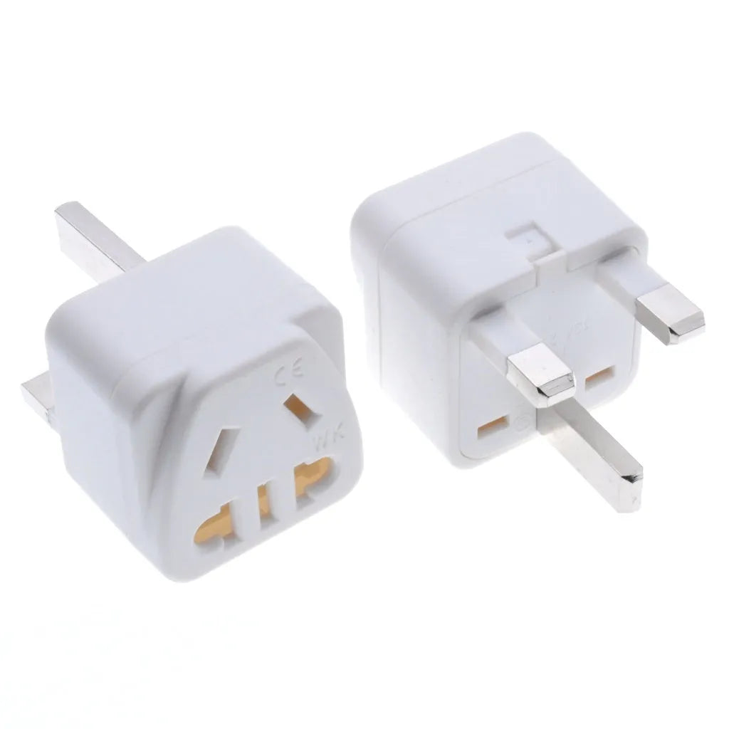 Square white three plug UK to international power conversion adapter with grounding pins