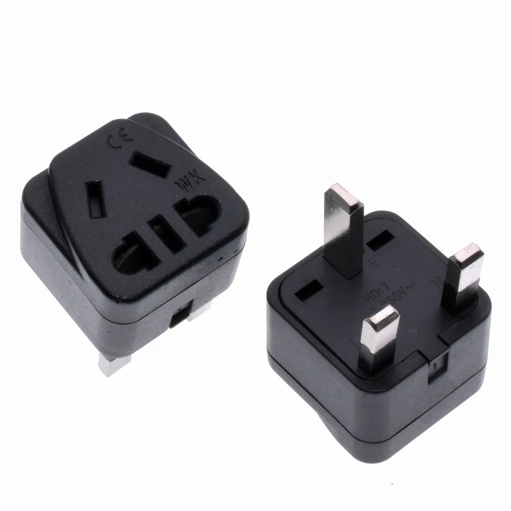 Square three-pin UK power conversion adapter in white or black with grounding pins
