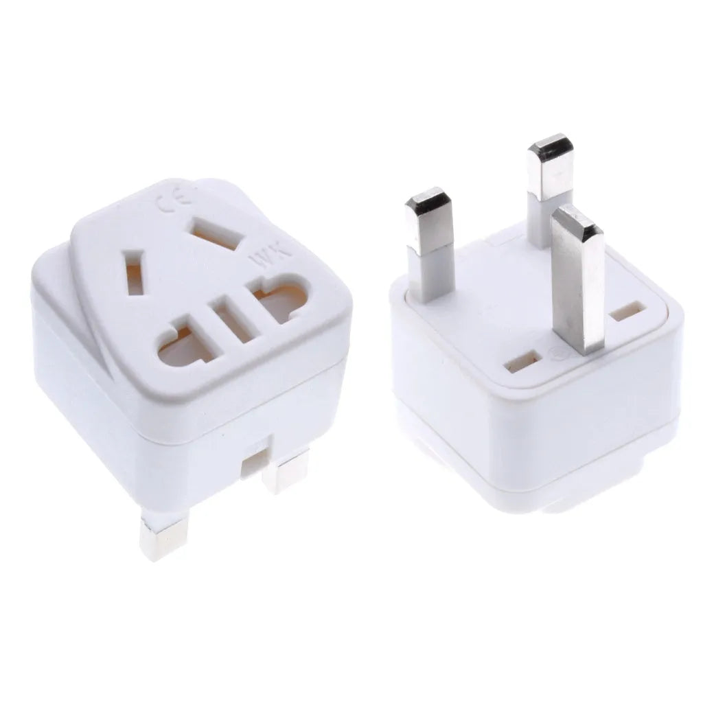 Square three-pin UK power conversion adapter in white or black with grounding pins