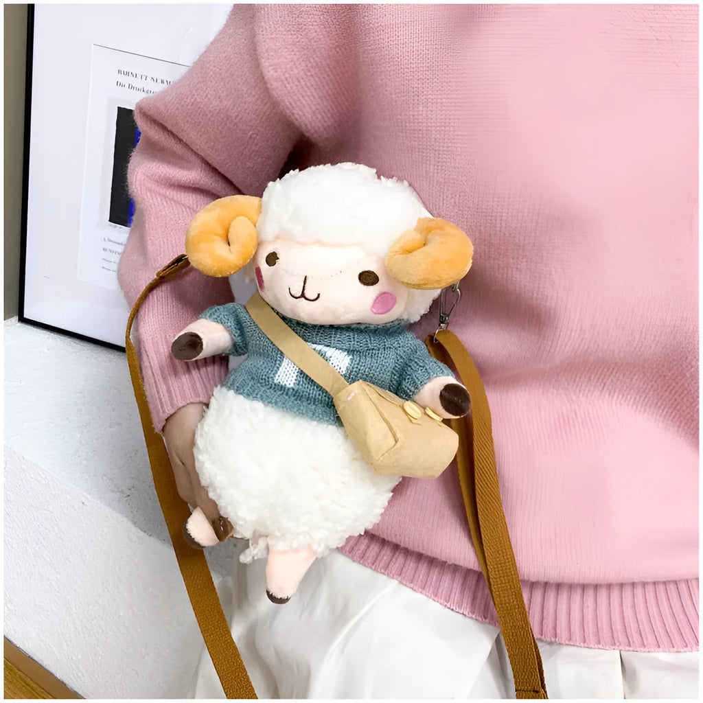 Little Sheep plush crossbody bag with square shape and Lamb pattern in blue colour
