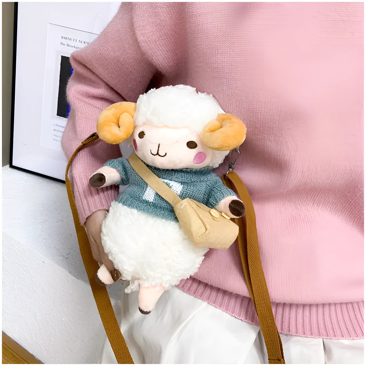 Little Sheep plush crossbody bag with square shape and Lamb pattern in blue colour