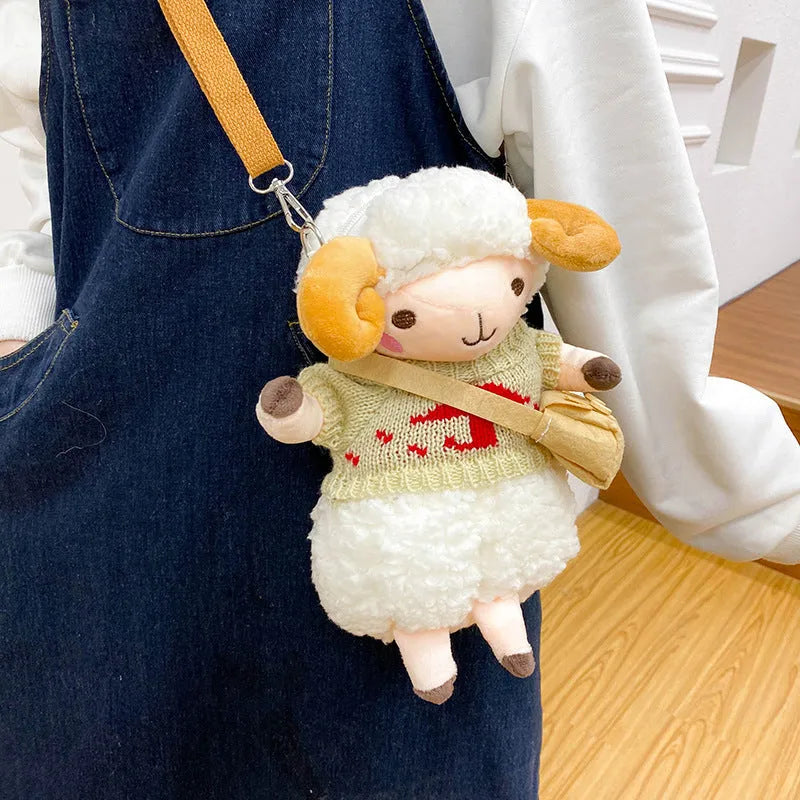 Little Sheep plush crossbody bag with square shape and Lamb pattern in blue colour