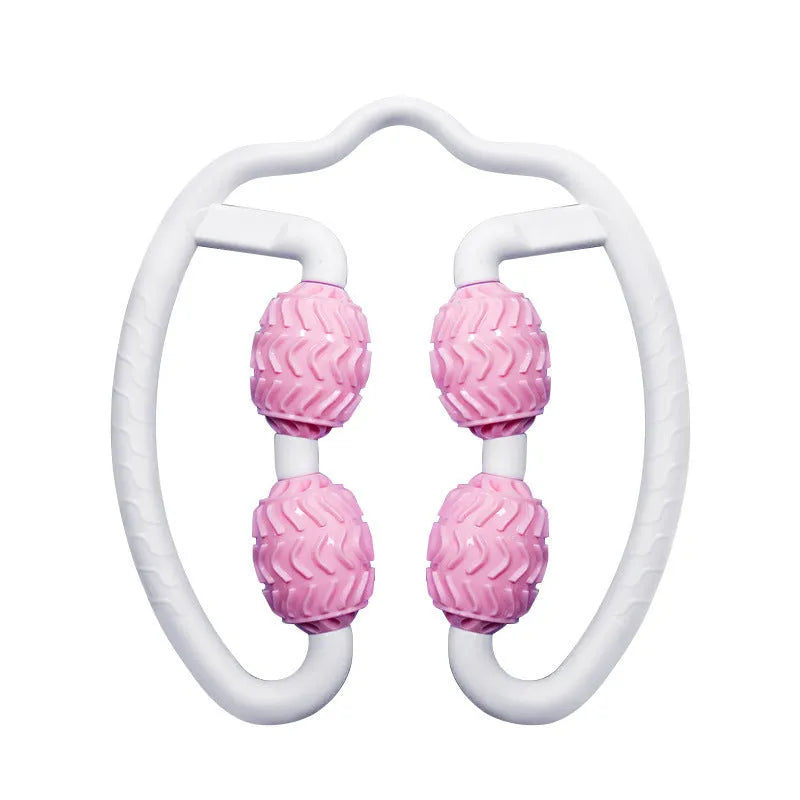 Purple and pink silicone annular leg massage roller for fitness and muscle recovery
