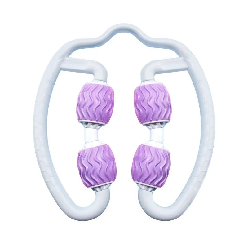 Purple and pink silicone annular leg massage roller for fitness and muscle recovery