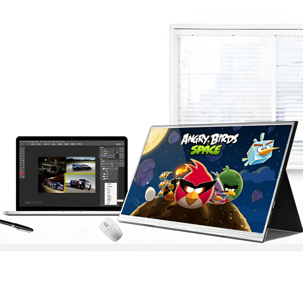 15-inch portable computer monitor with aluminium frame showing split screen display capability