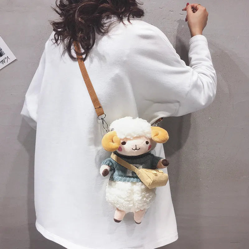 Little Sheep plush crossbody bag with square shape and Lamb pattern in blue colour