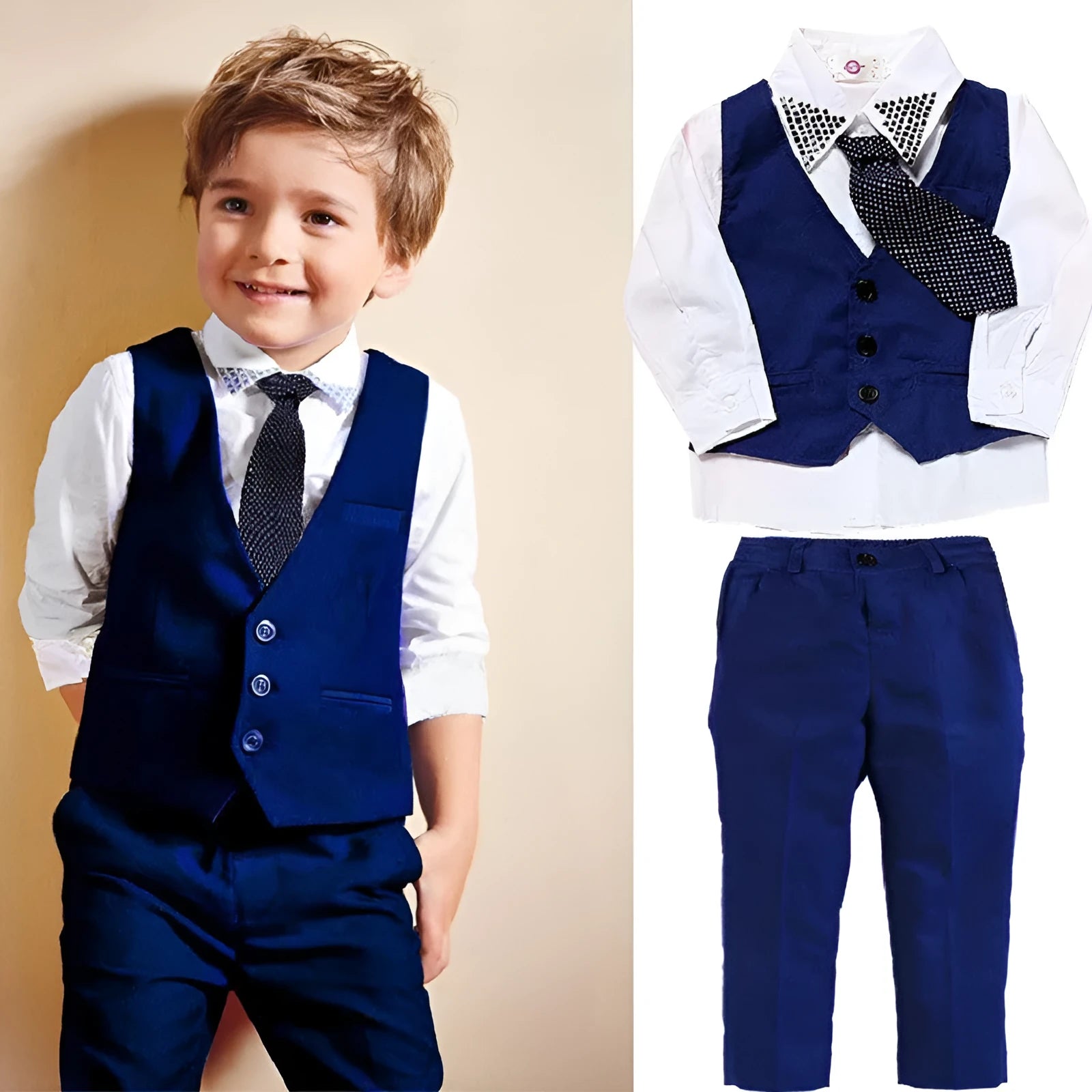 Boys' blue cotton gentleman suit set with turtleneck, vest, tie, and trousers