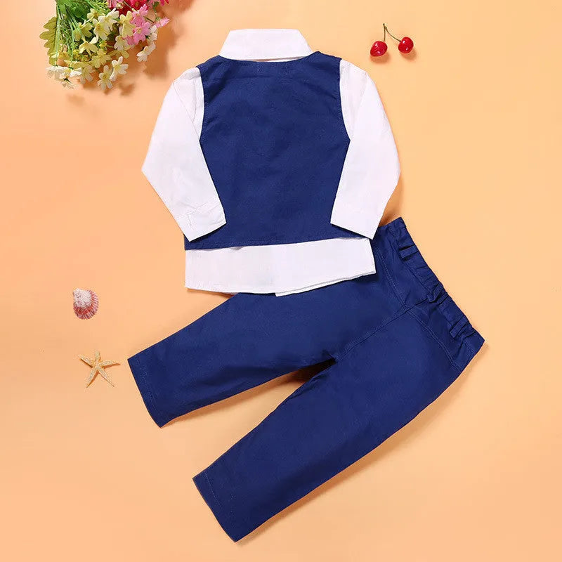 Boys' blue cotton gentleman suit set with turtleneck, vest, tie, and trousers