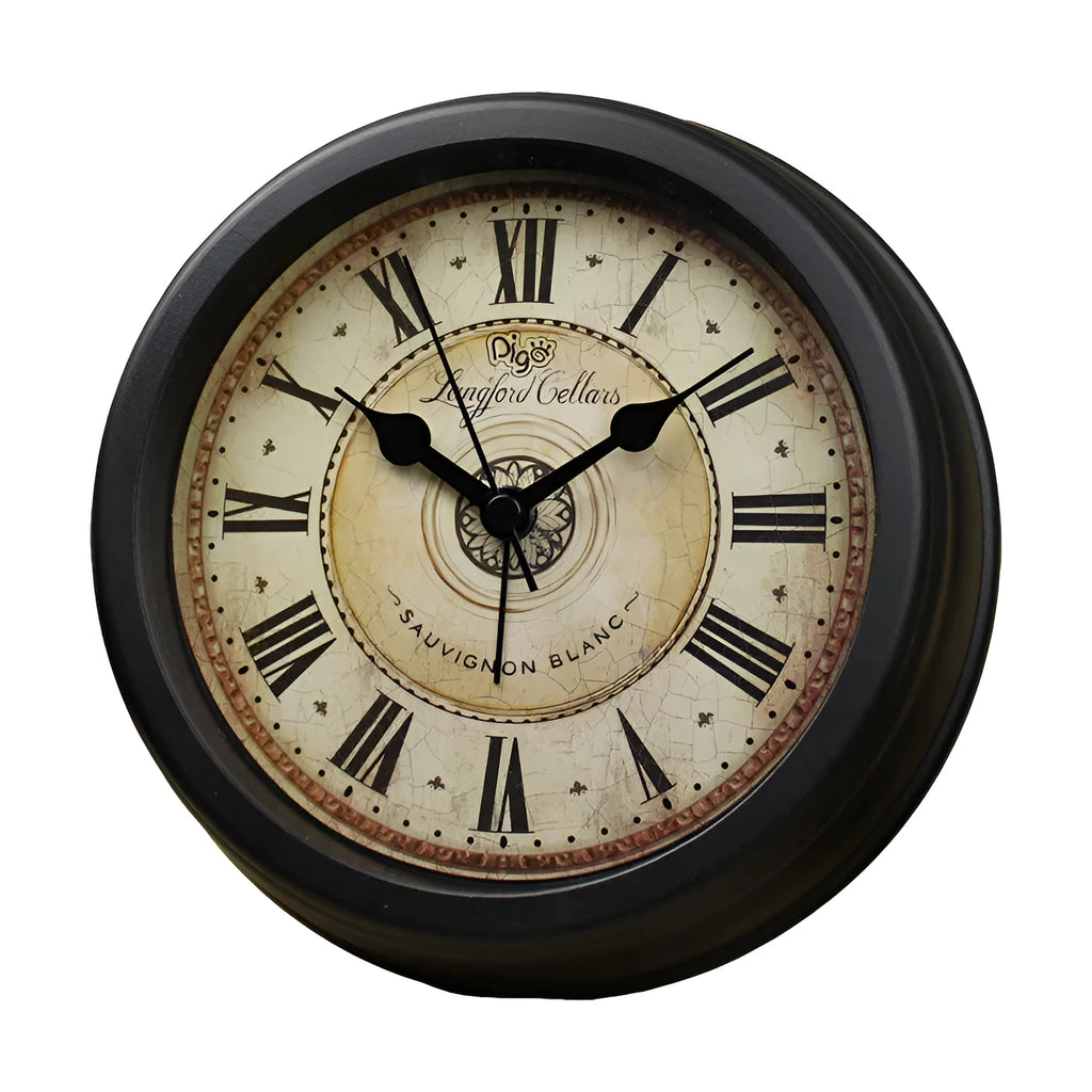 European retro style round desk clock with silent alarm on wooden table