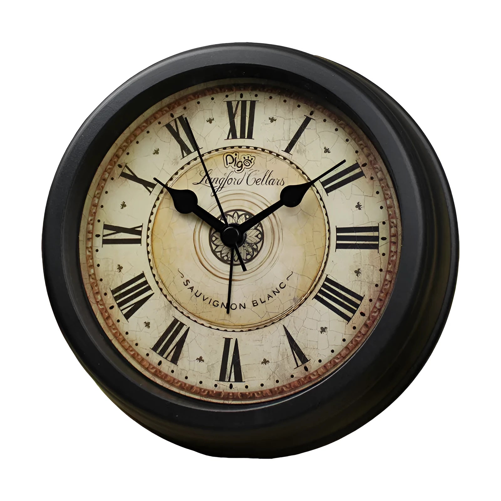 European retro style round desk clock with silent alarm on wooden table