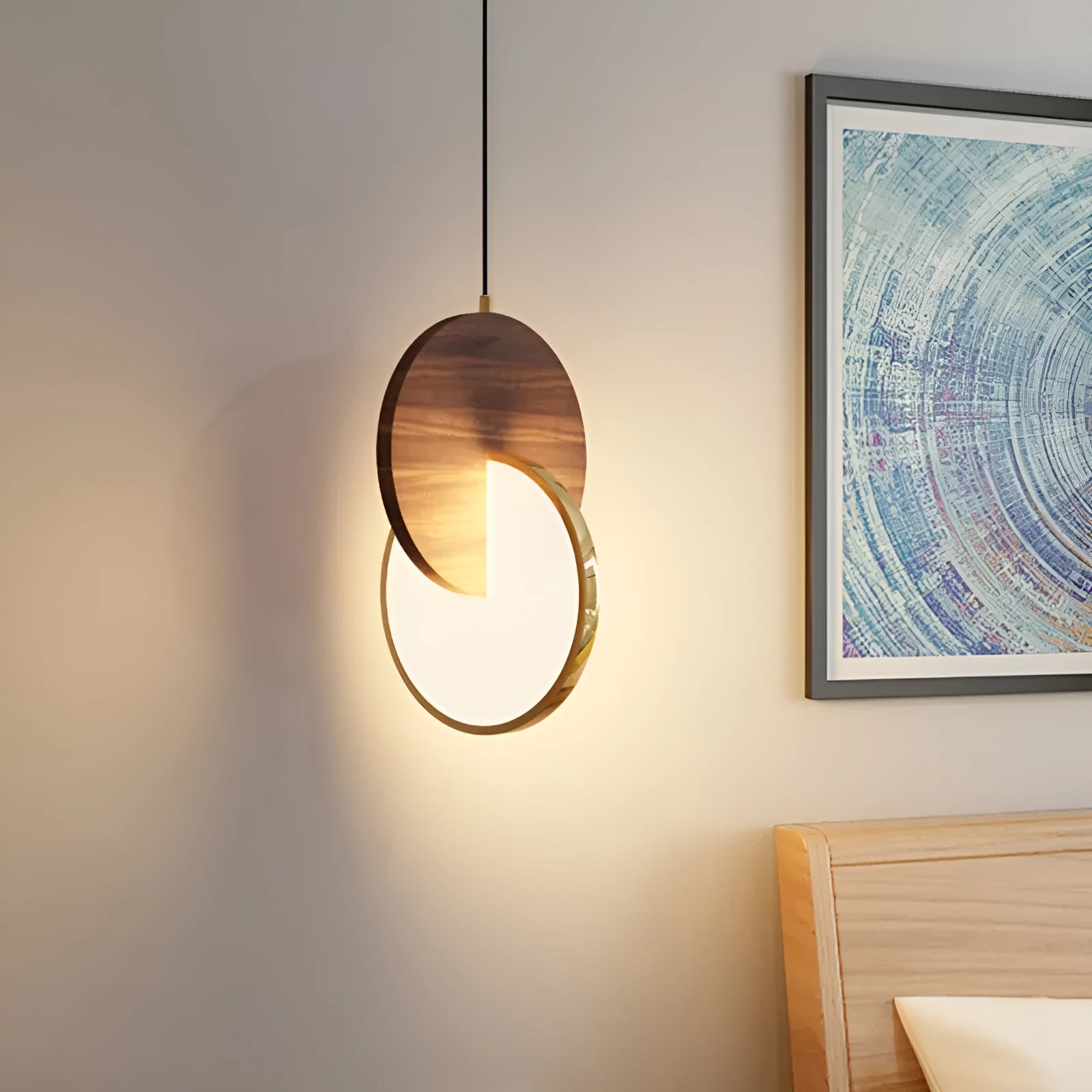 Carved walnut wood wall-mounted LED chandelier with warm white lighting for bedroom or study