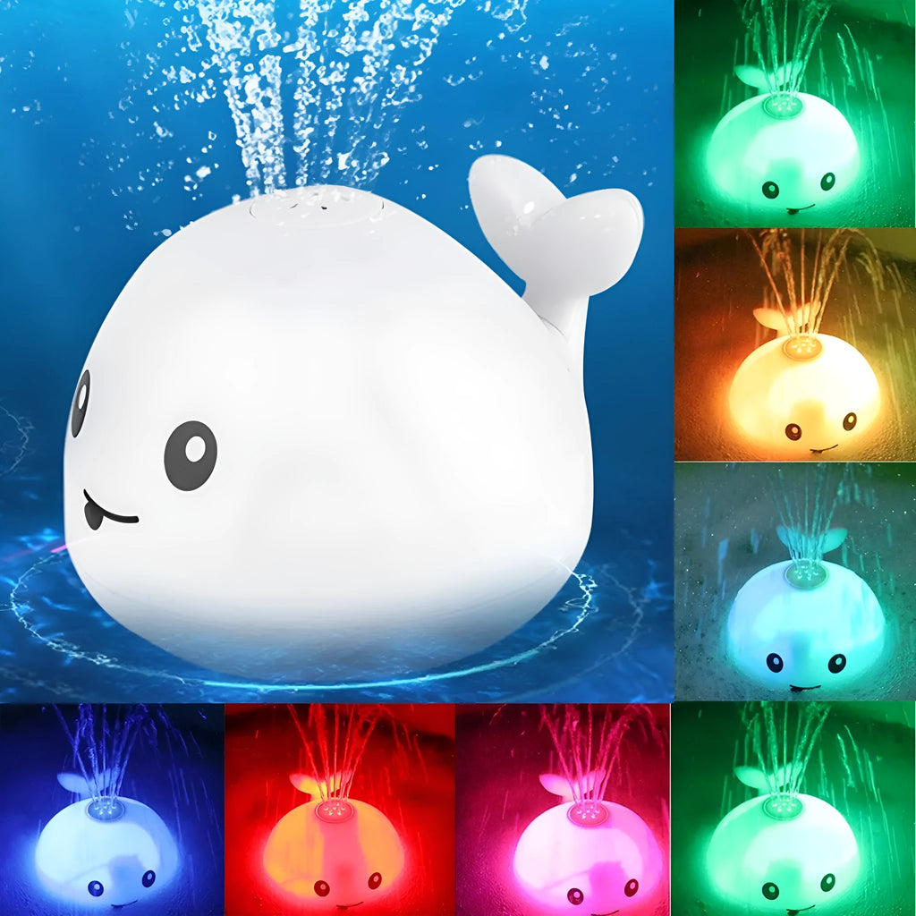 Grey whale bath toy spraying water with LED lights in baby bath