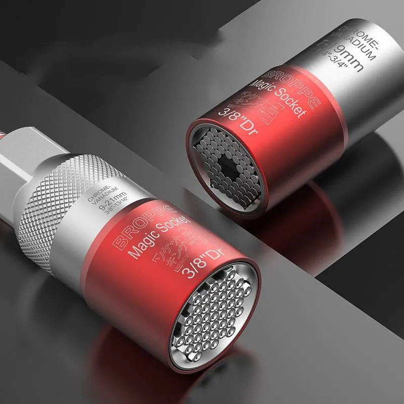 Red electric screw wrench socket set with 7-19mm and 9-21mm universal sleeves
