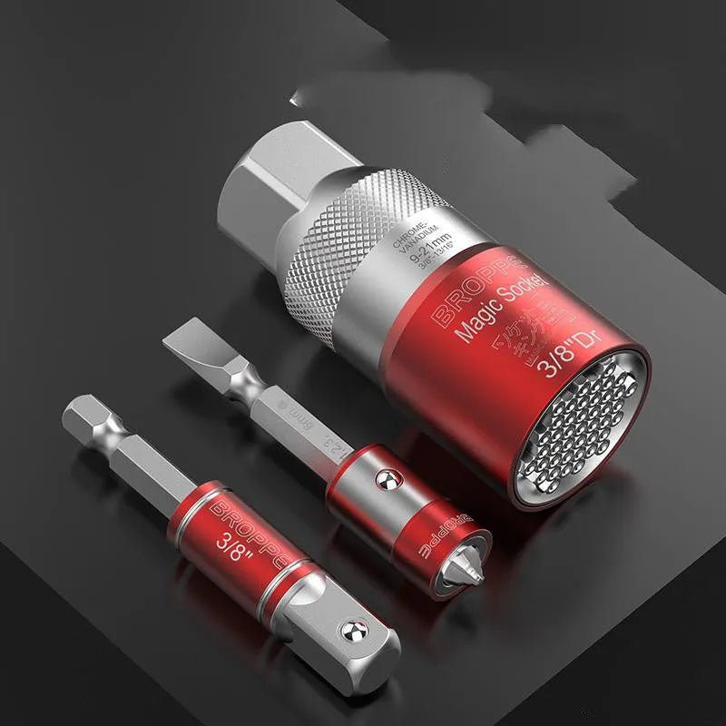 Red electric screw wrench socket set with 7-19mm and 9-21mm universal sleeves