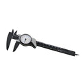 Black and white plastic vernier caliper showing 0-150mm scale and measuring jaws