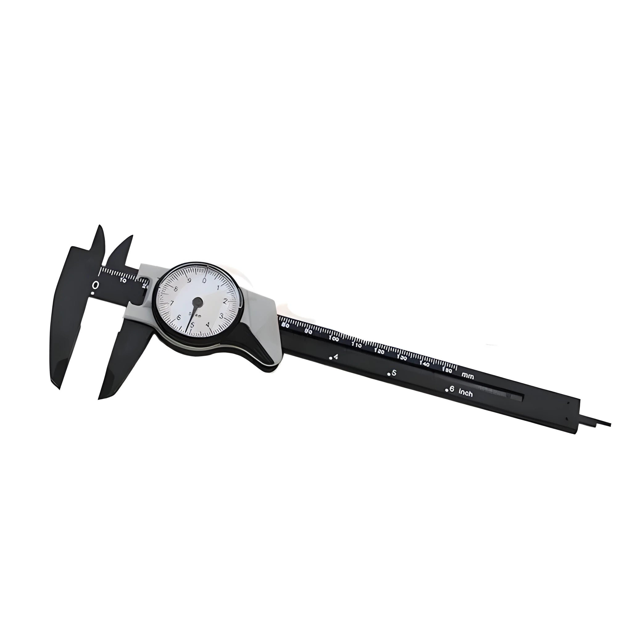 Black and white plastic vernier caliper showing 0-150mm scale and measuring jaws