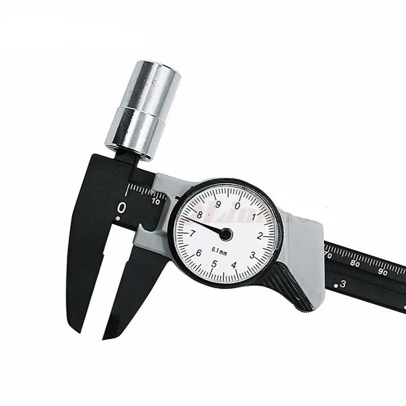 Black and white plastic vernier caliper showing 0-150mm scale and measuring jaws