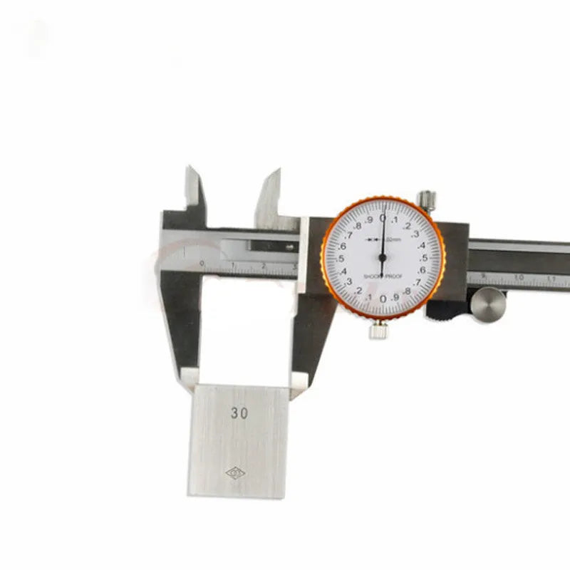 Black and white plastic vernier caliper showing 0-150mm scale and measuring jaws
