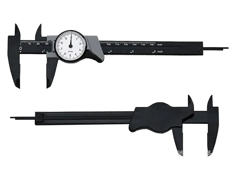 Black and white plastic vernier caliper showing 0-150mm scale and measuring jaws