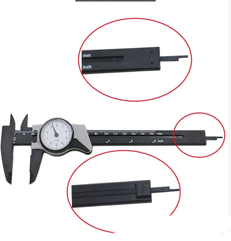 Black and white plastic vernier caliper showing 0-150mm scale and measuring jaws