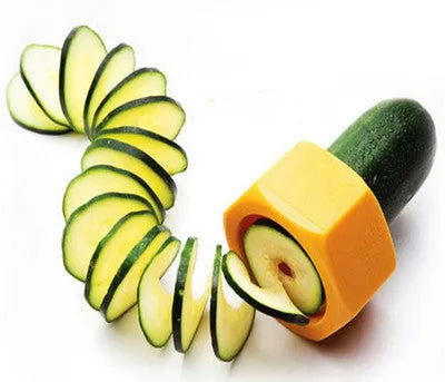 Yellow and green spiral vegetable cutter kitchen tool made from food-grade plastic.