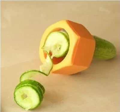 Yellow and green spiral vegetable cutter kitchen tool made from food-grade plastic.