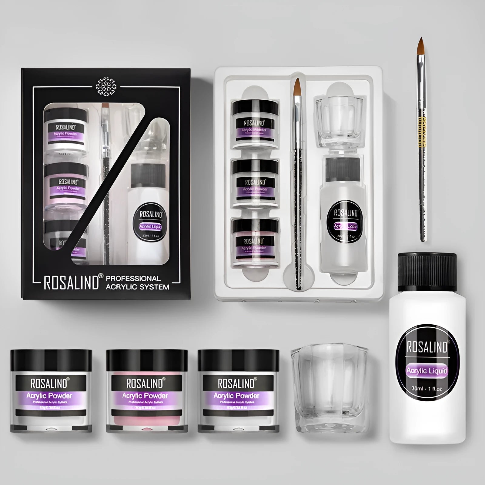 Acrylic nail system kit with glass cup, carving pen, and acrylic powders for nail extension and carving