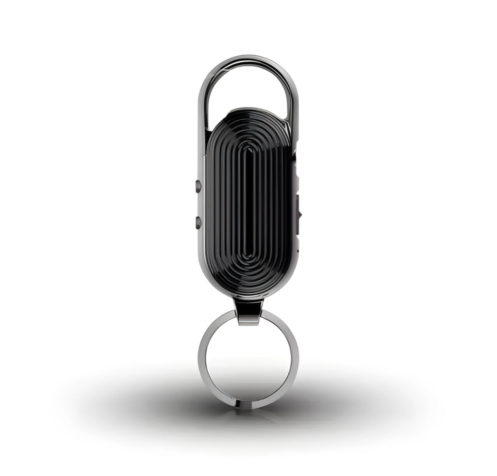 Black zinc alloy voice control digital recorder with USB port for 1200-minute WAV audio recording.