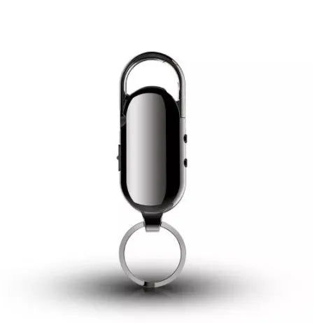 Black zinc alloy voice control digital recorder with USB port for 1200-minute WAV audio recording.