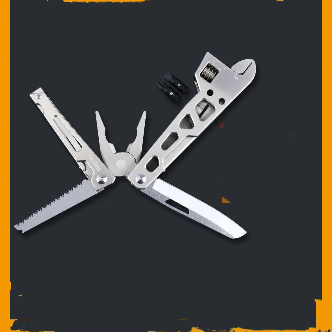 White stainless steel multi-function tool combining a wrench, knife, and needle-nose pliers