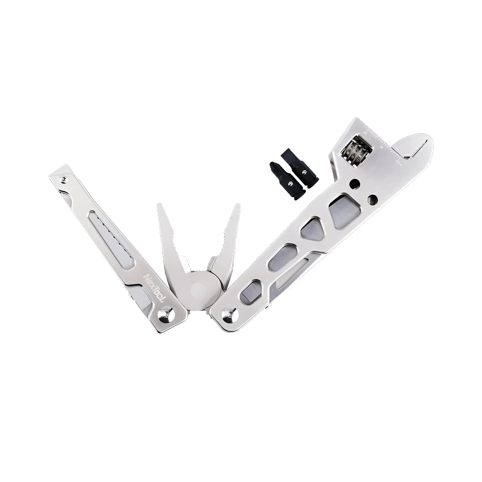 White stainless steel multi-function tool combining a wrench, knife, and needle-nose pliers