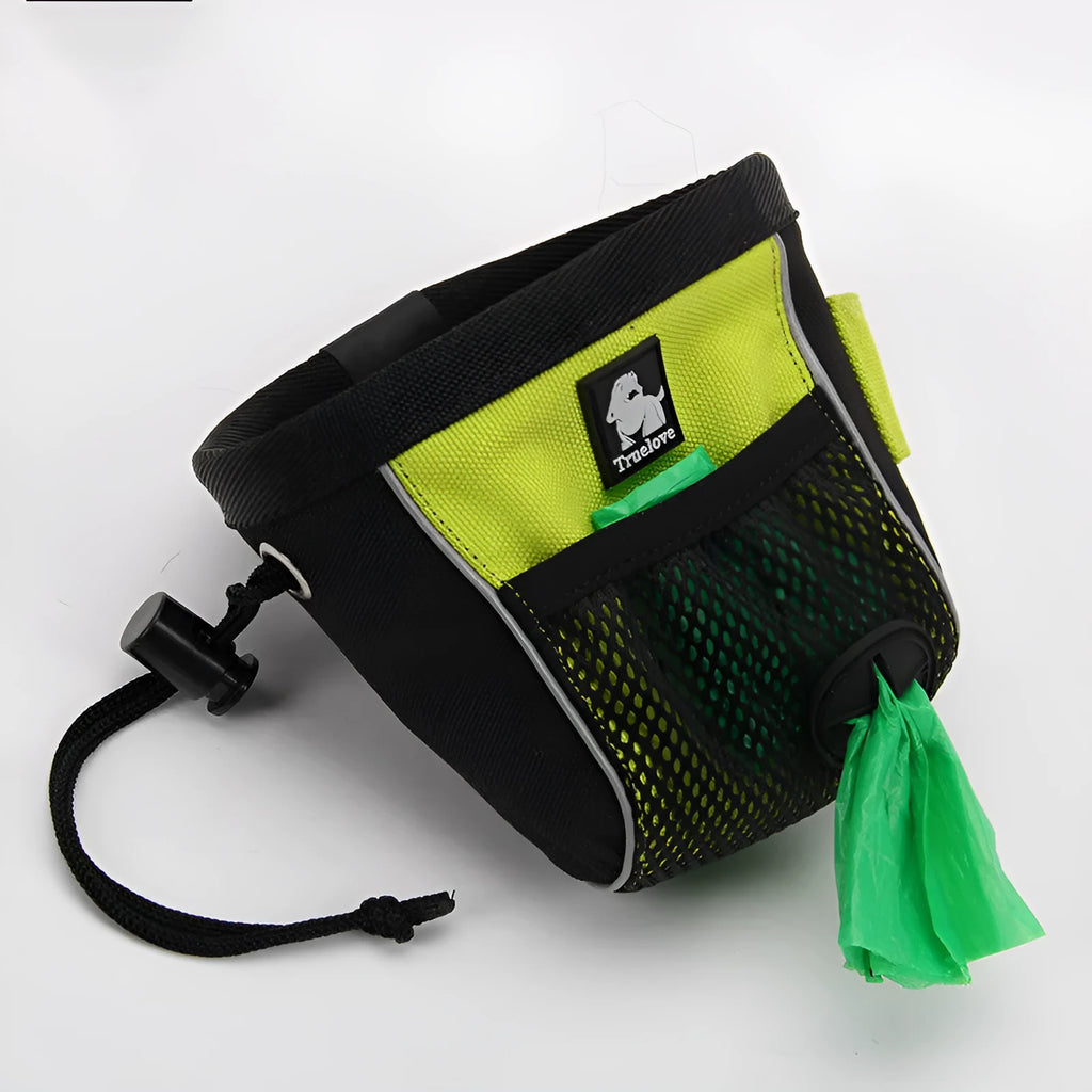 Green waterproof dog training waist bag with removable waste compartment showing oxford cloth and mesh construction