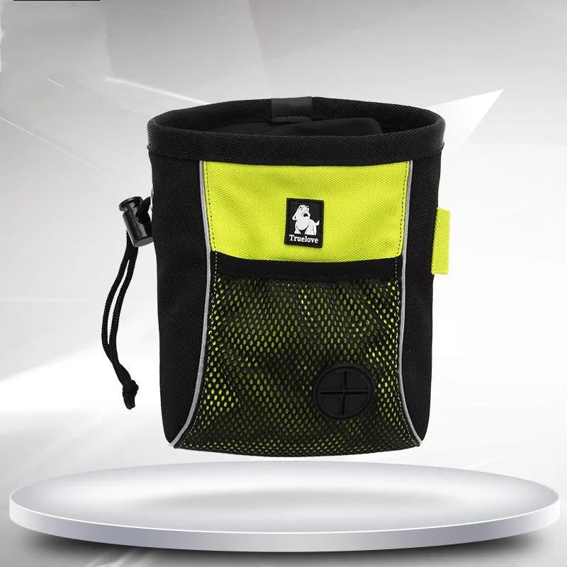 Green waterproof dog training waist bag with removable waste compartment showing oxford cloth and mesh construction