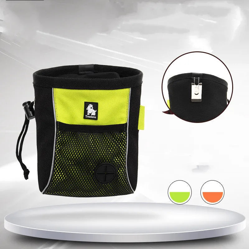 Green waterproof dog training waist bag with removable waste compartment showing oxford cloth and mesh construction