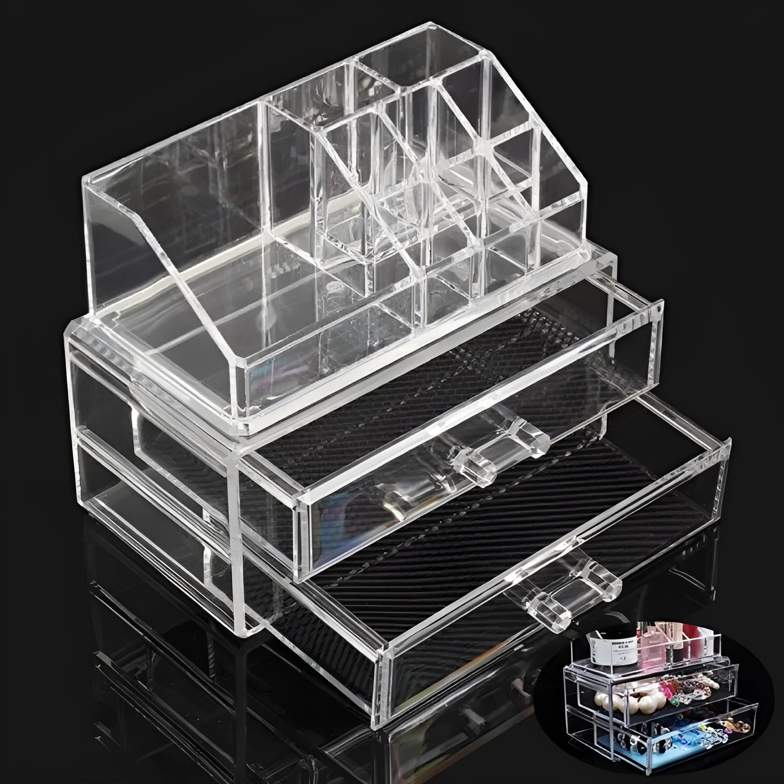 Transparent foldable acrylic storage box for cosmetics organisation with 18 litre capacity