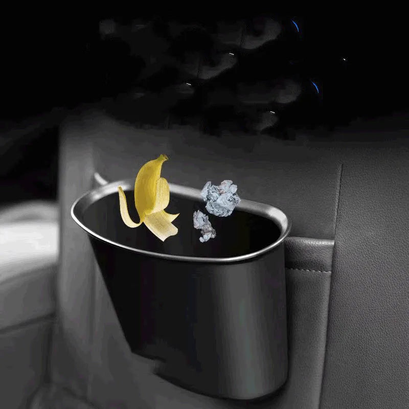 Universal hanging car storage bucket in black for vehicle interior waste disposal