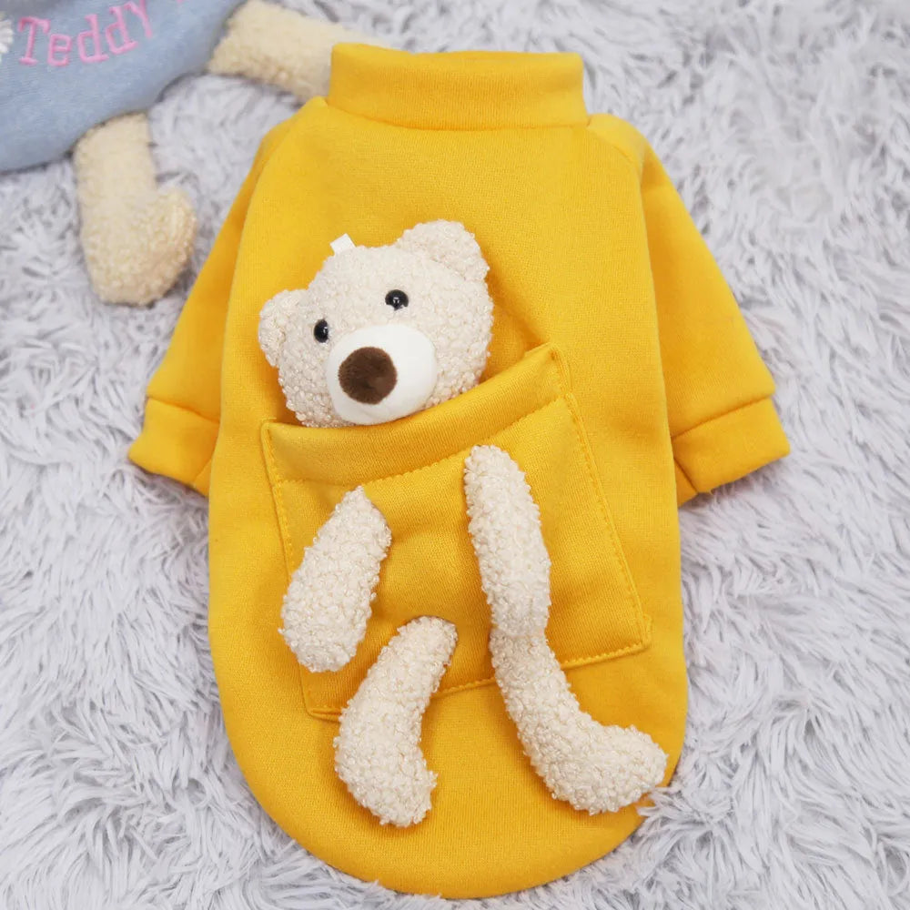 Cute teddy bear print polyester pet sweater for small dogs and cats on a white background