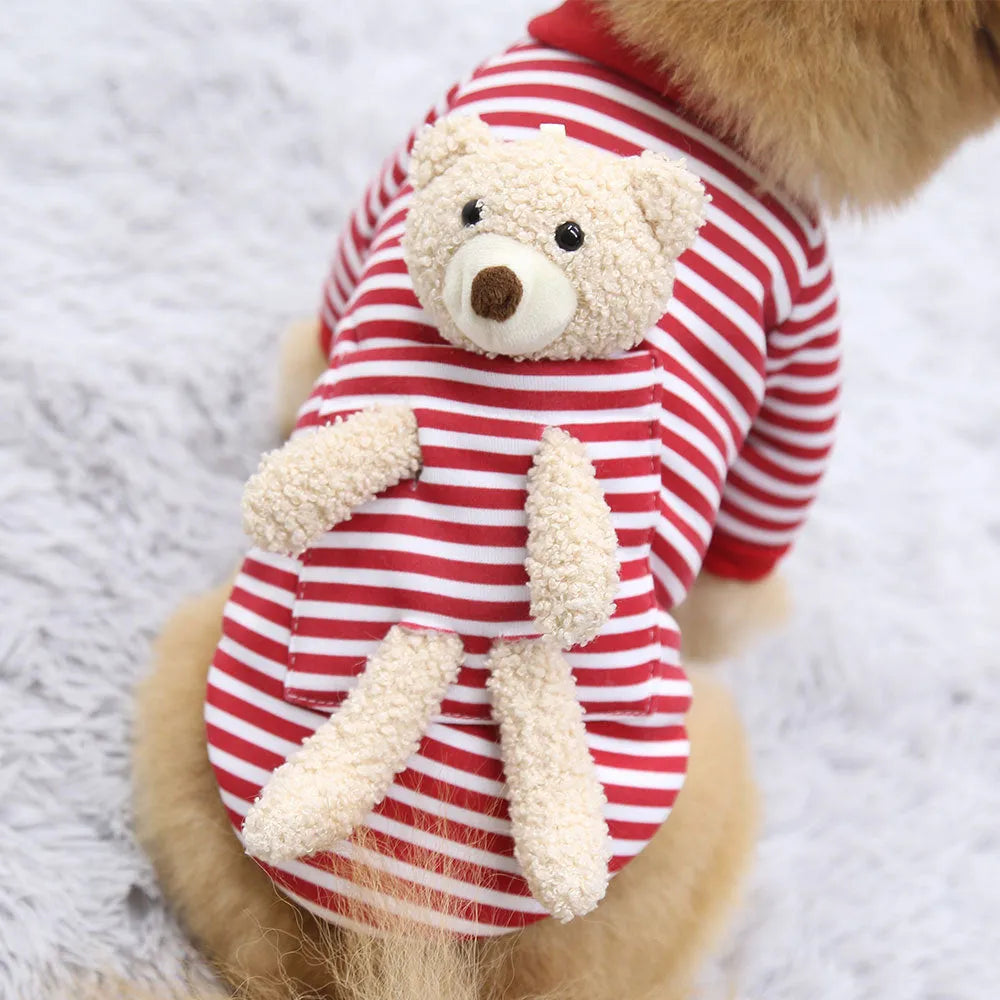 Cute teddy bear print polyester pet sweater for small dogs and cats on a white background