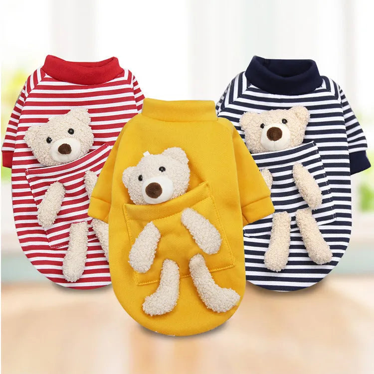 Cute teddy bear print polyester pet sweater for small dogs and cats on a white background