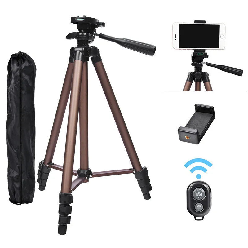 Aluminium camera tripod extended to 1.3m height with Bluetooth remote and phone holder