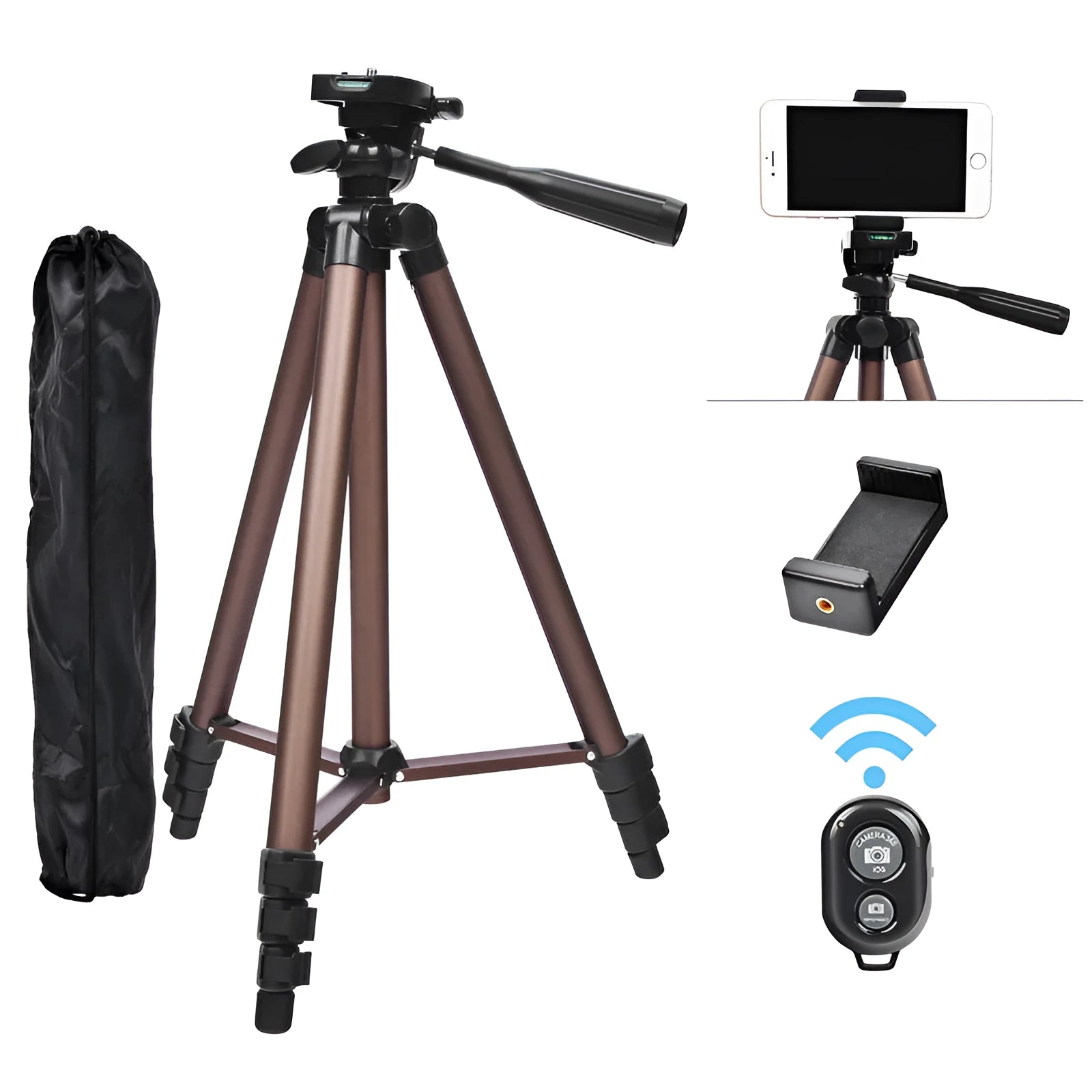 Aluminium camera tripod extended to 1.3m height with Bluetooth remote and phone holder