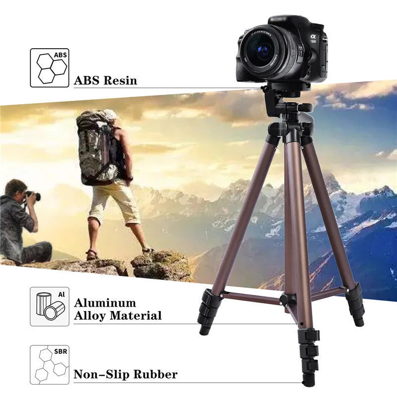 Aluminium camera tripod extended to 1.3m height with Bluetooth remote and phone holder