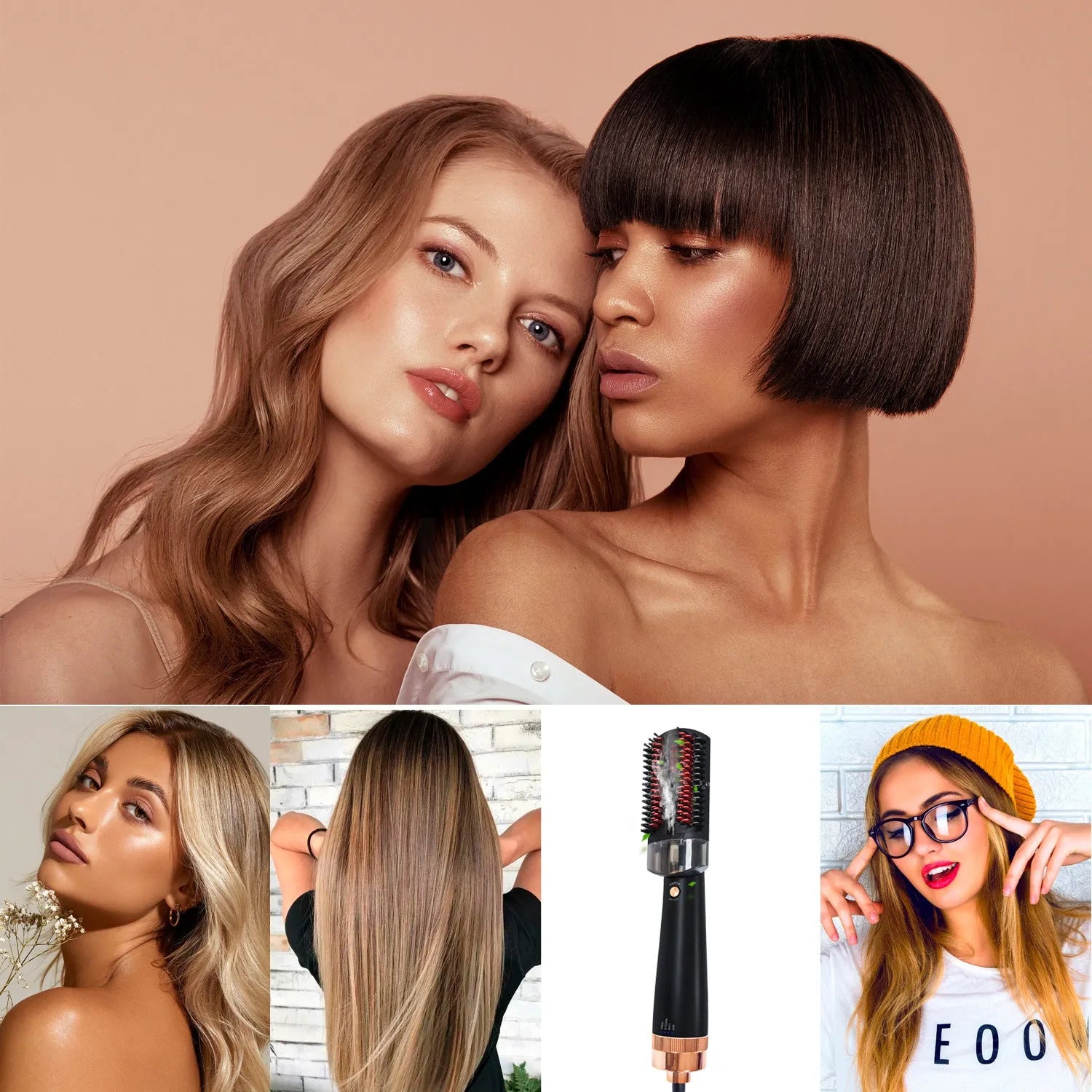 Black and pink wet and dry hot air comb with tourmaline ceramic heat conductor and temperature control