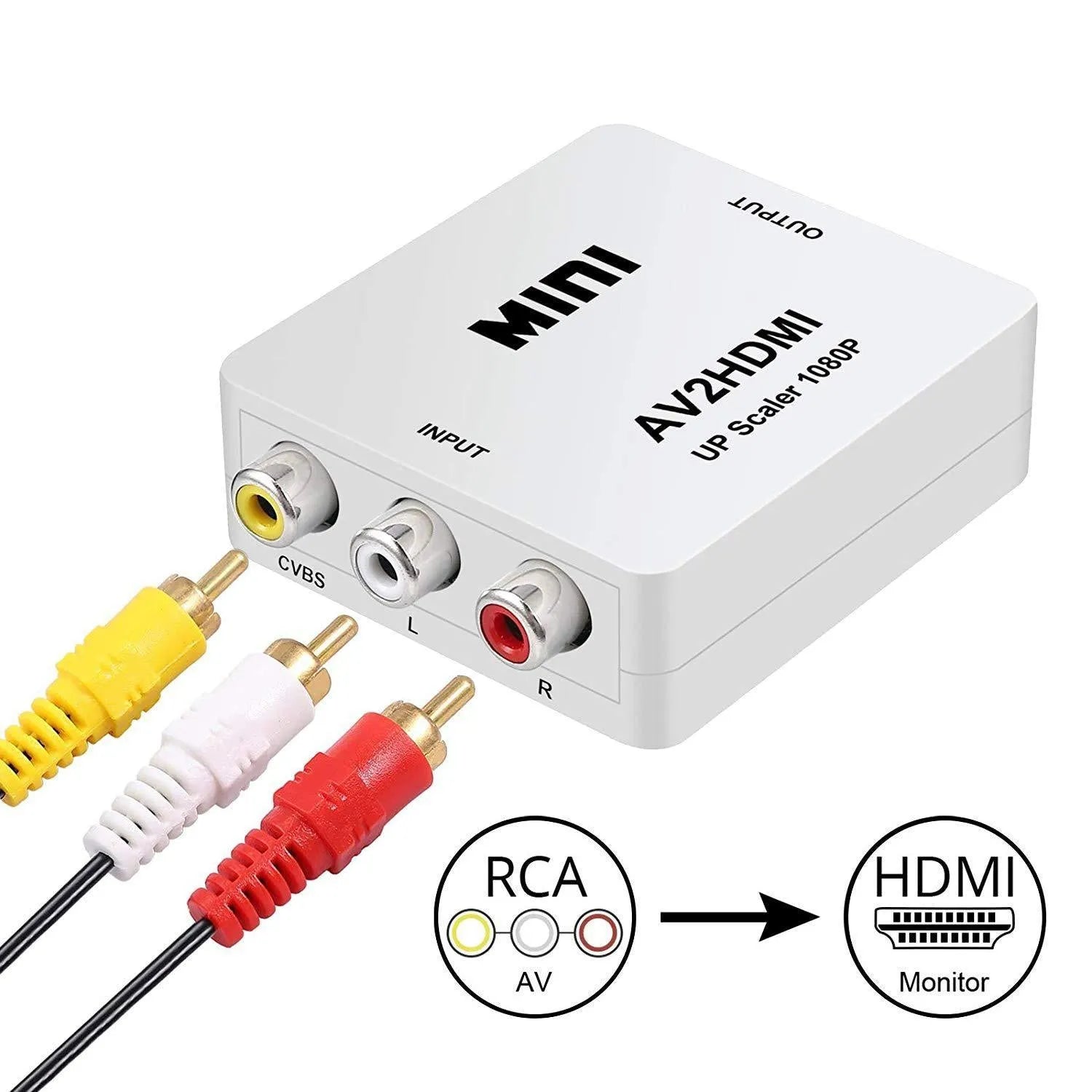 Mini black and white AV to HDMI converter with 0.5 metre cable for 1080P signal conversion