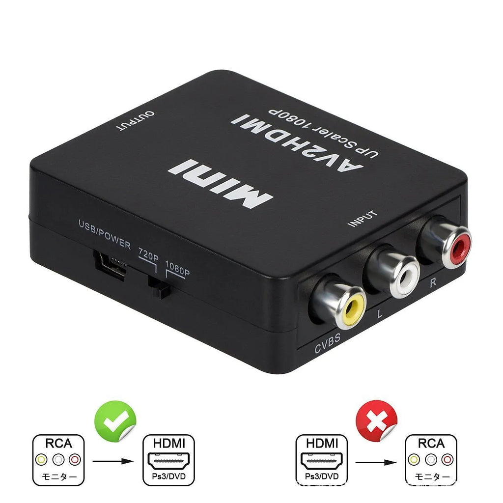Mini black and white AV to HDMI converter with 0.5 metre cable for 1080P signal conversion