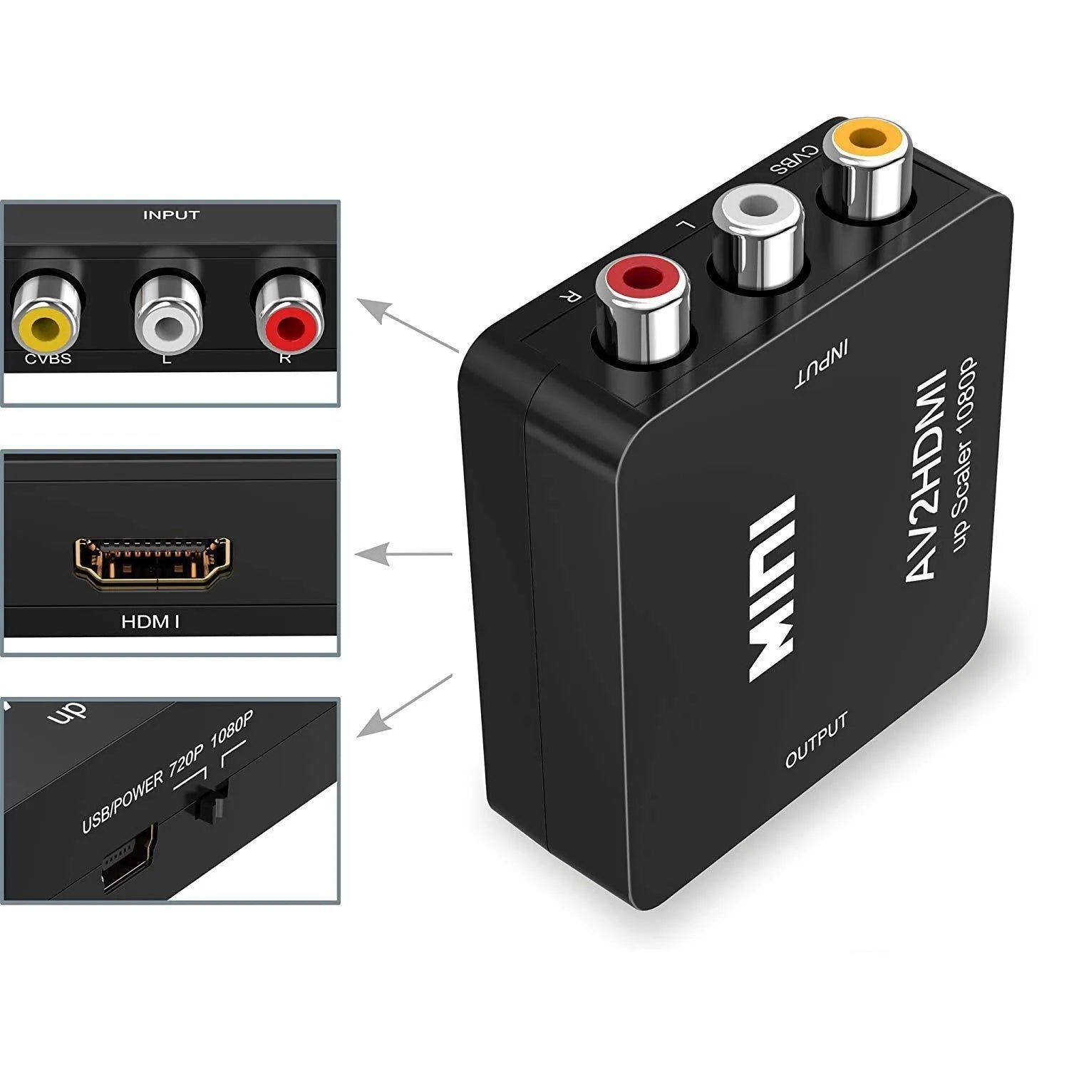 Mini black and white AV to HDMI converter with 0.5 metre cable for 1080P signal conversion