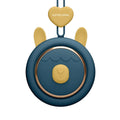 Mini bladeless neckband fan with hanging rope worn around neck, showing cute animal design and USB charging port