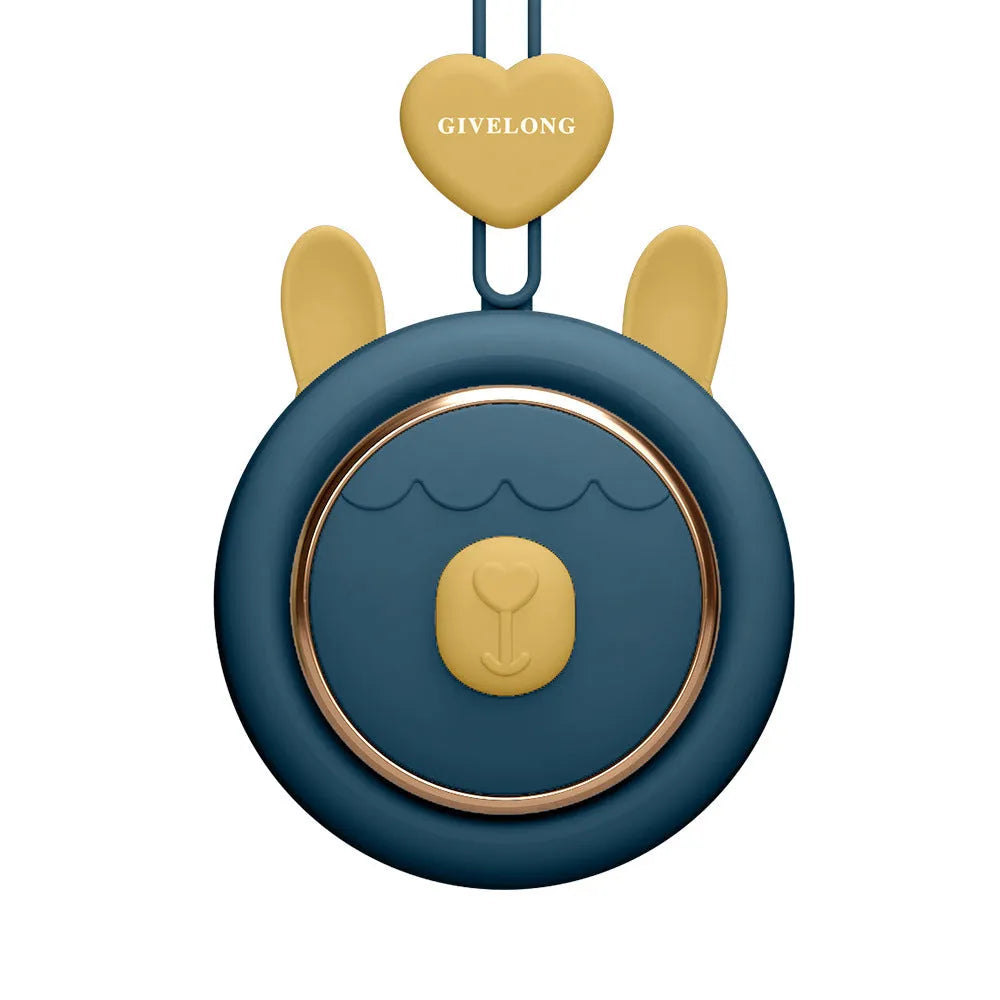 Mini bladeless neckband fan with hanging rope worn around neck, showing cute animal design and USB charging port