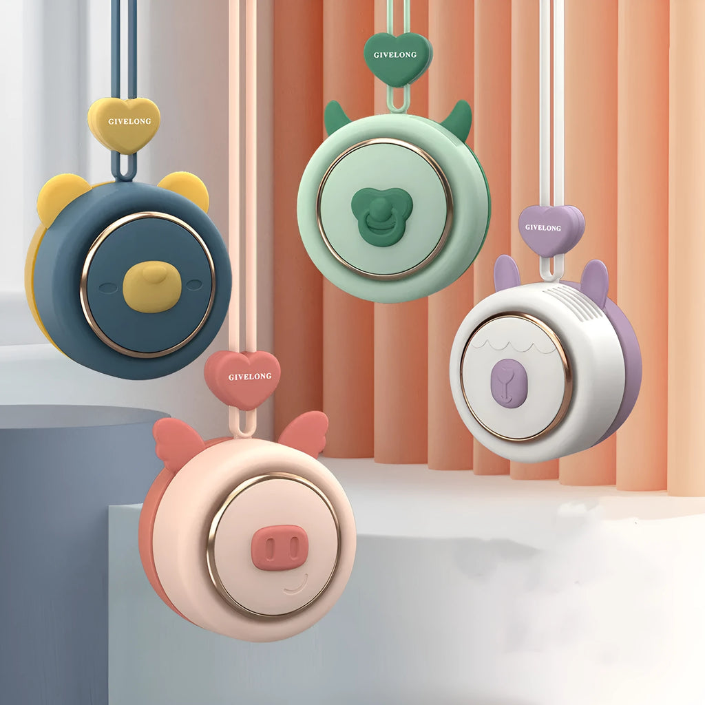 Mini bladeless neckband fan with hanging rope worn around neck, showing cute animal design and USB charging port