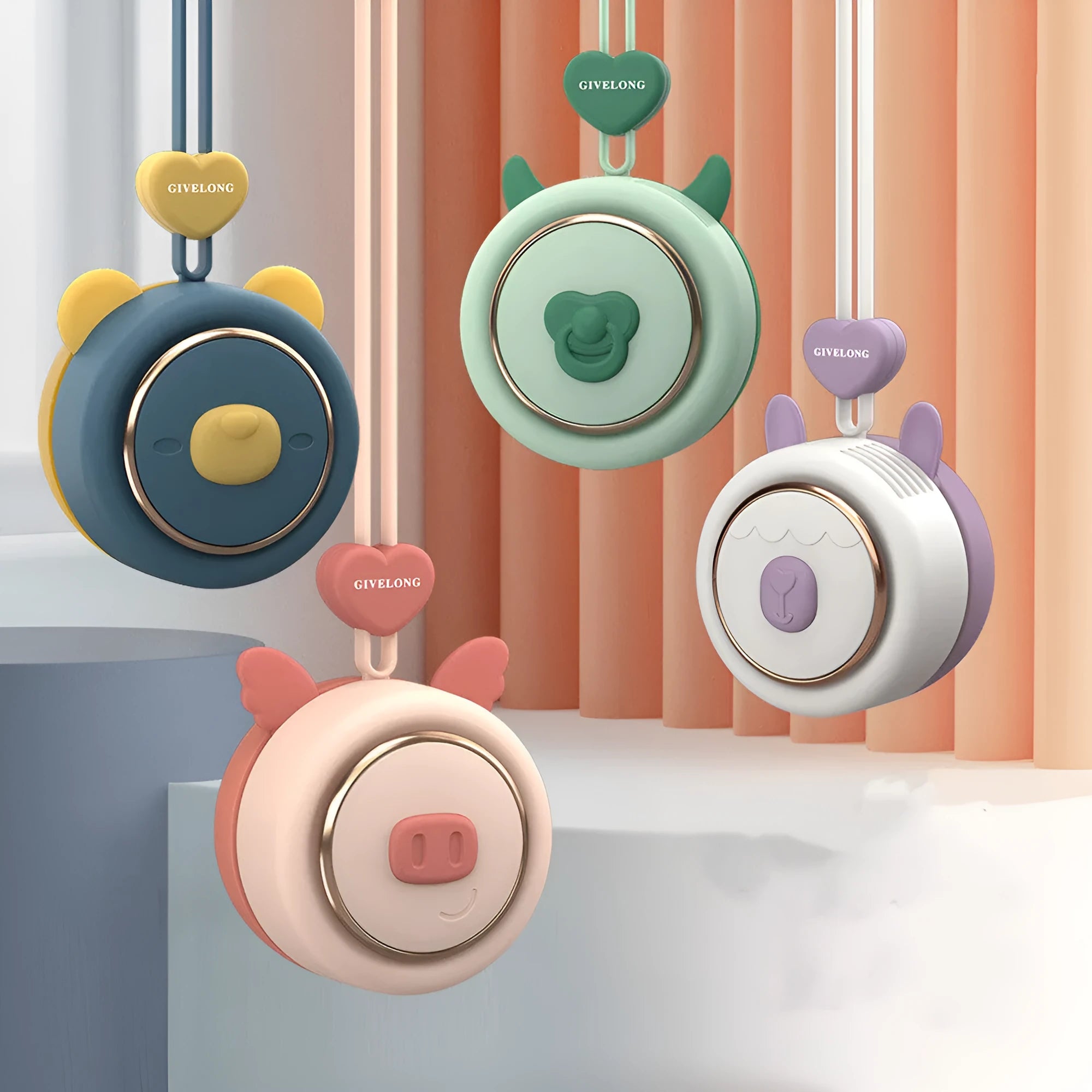 Mini bladeless neckband fan with hanging rope worn around neck, showing cute animal design and USB charging port